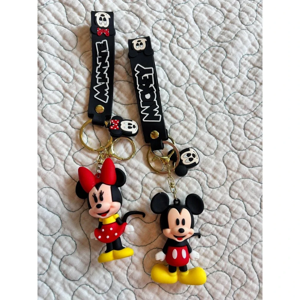 Mickey and Minnie Mouse 3D Rubber Keychain Set Black Red Wristlet Bag Charms